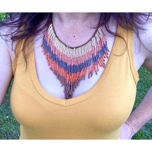 Seed Bead Statement Necklace Bib Style Warm Desert Colors Multicolored Stripes - Picture 2 of 8